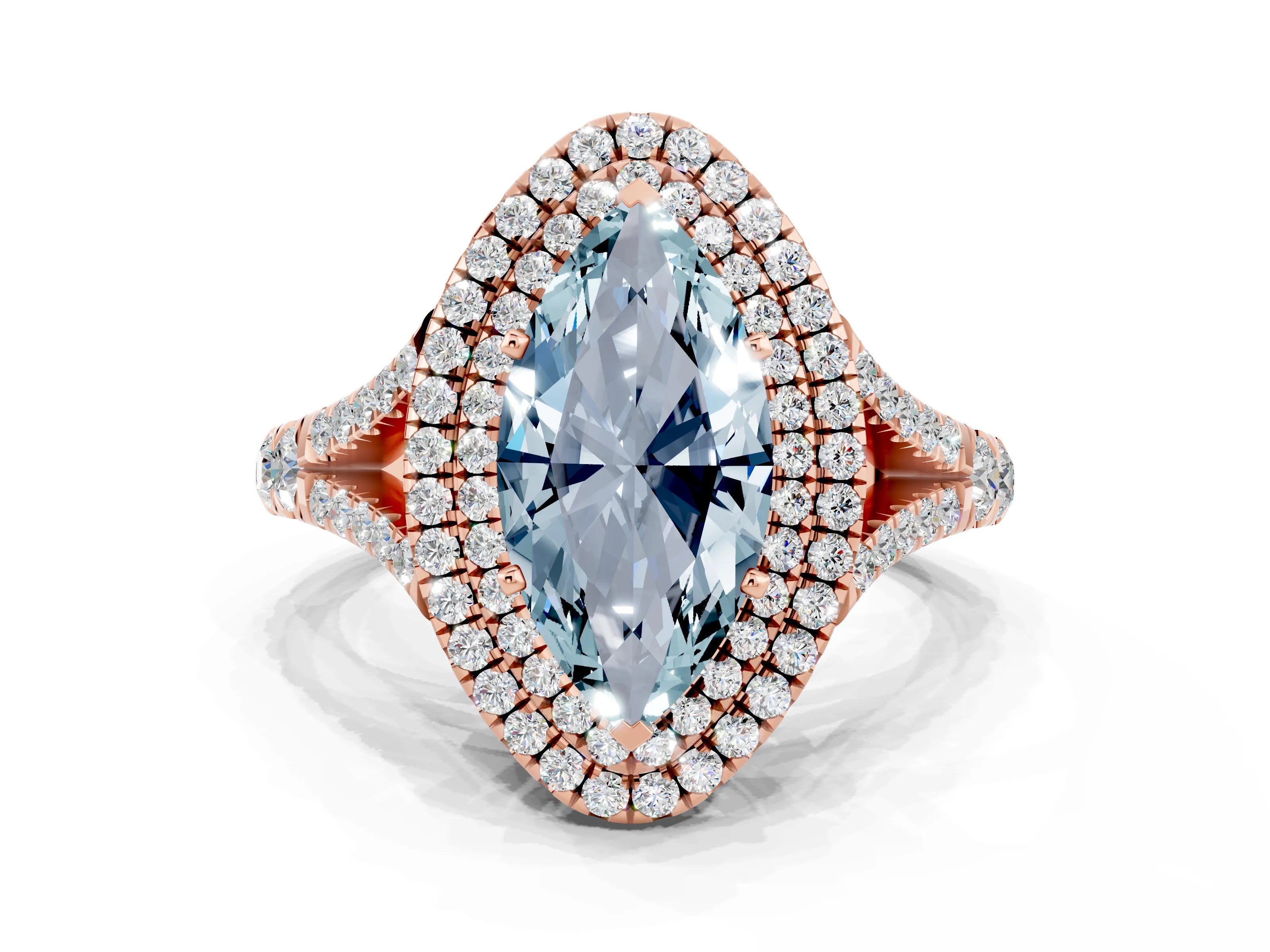Rose gold Marquise Cut Aquamarine Double Halo Ring with Split Shank and Prong Setting_12