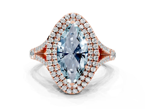 Rose gold Marquise Cut Aquamarine Double Halo Ring with Split Shank and Prong Setting_12