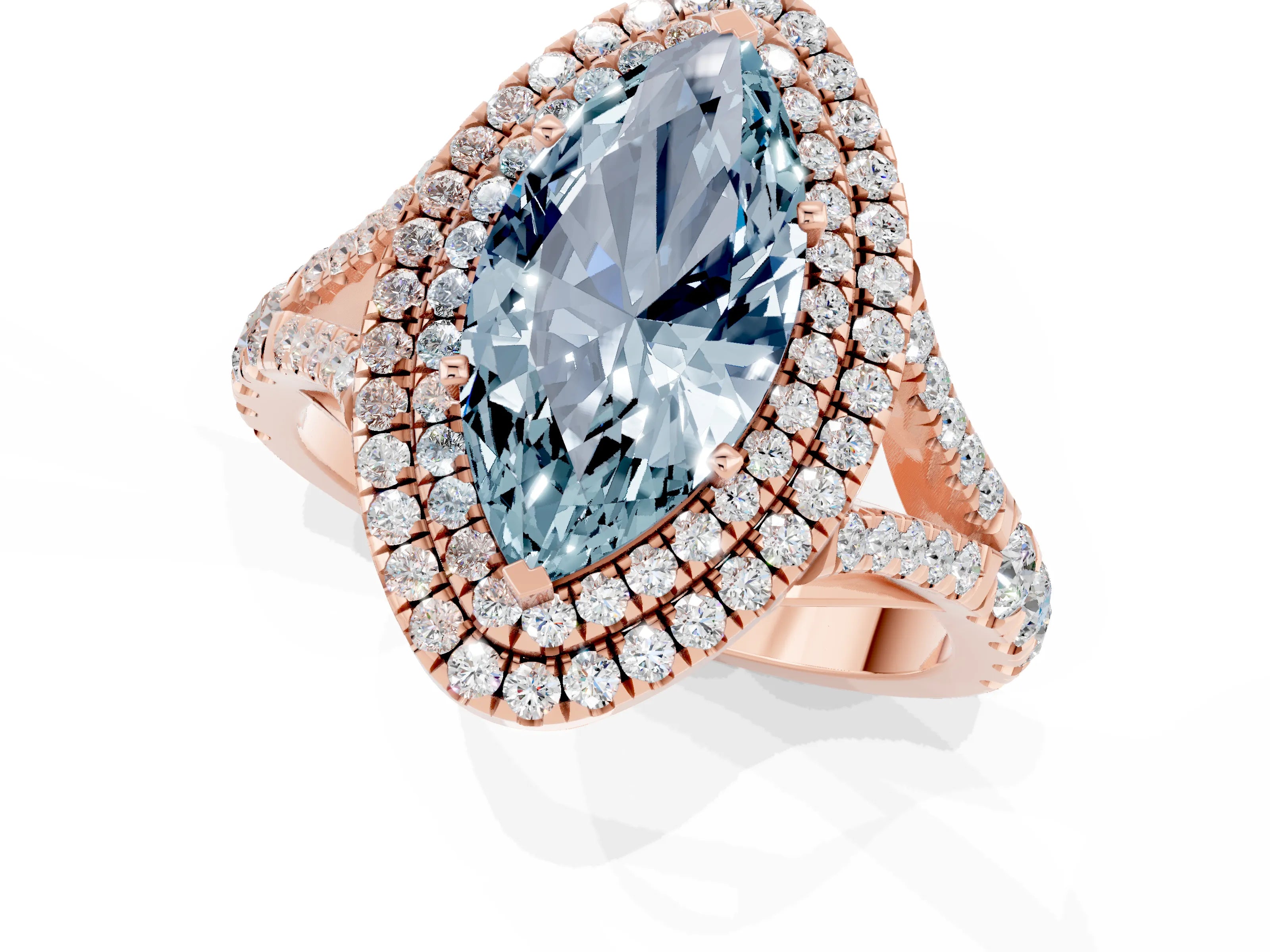 Rose gold Marquise Cut Aquamarine Double Halo Ring with Split Shank and Prong Setting_13