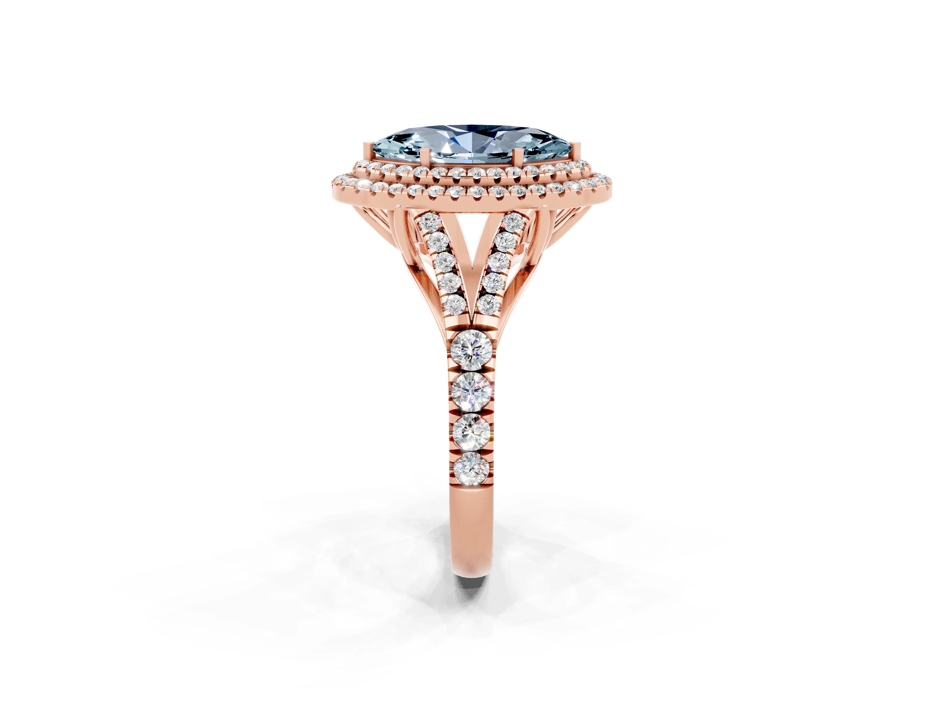 Rose gold Marquise Cut Aquamarine Double Halo Ring with Split Shank and Prong Setting_14