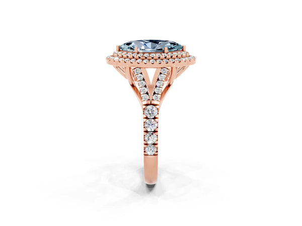 Rose gold Marquise Cut Aquamarine Double Halo Ring with Split Shank and Prong Setting