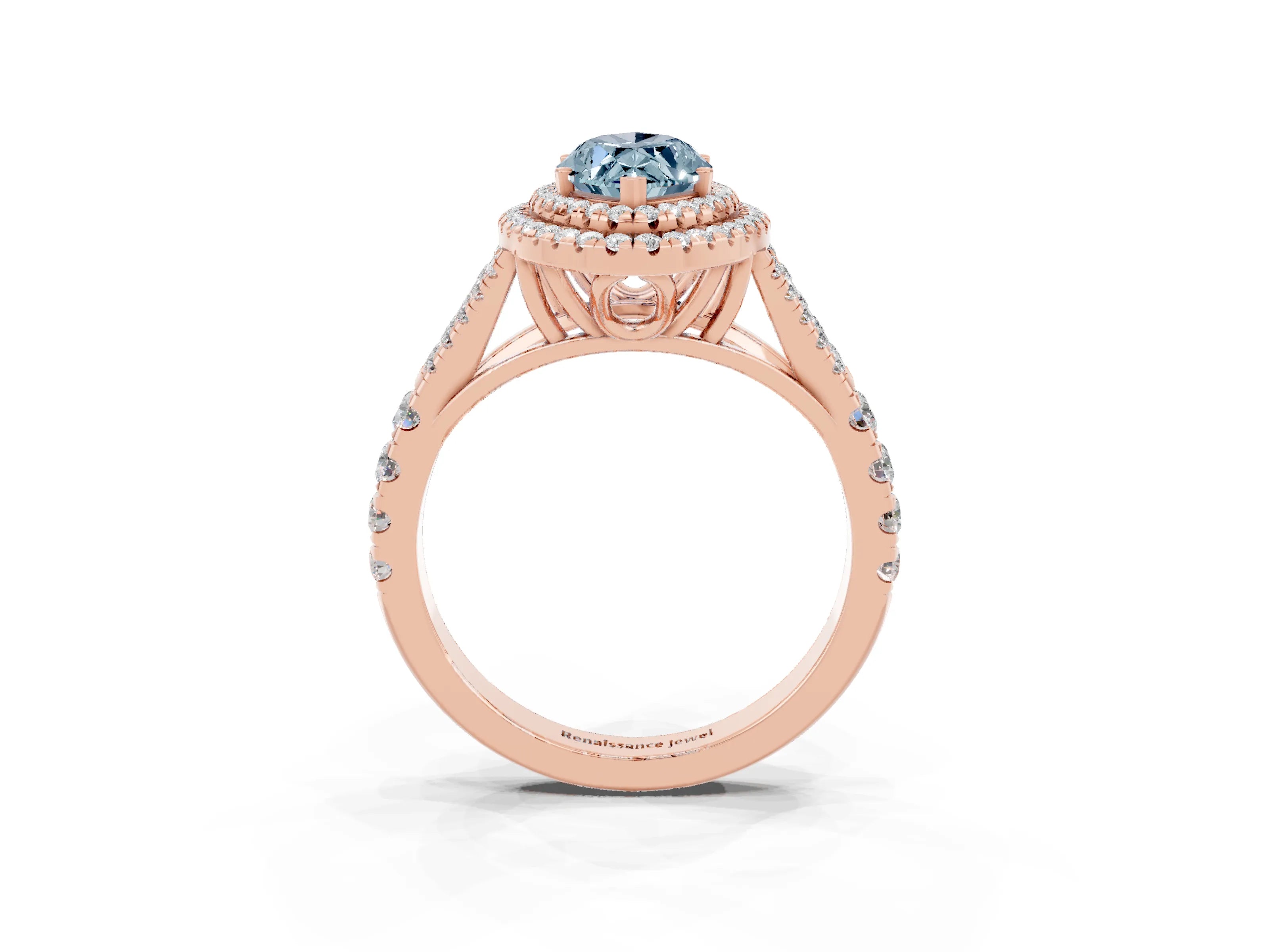 Rose gold Marquise Cut Aquamarine Double Halo Ring with Split Shank and Prong Setting_15