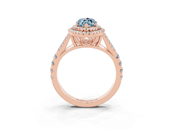 Rose gold Marquise Cut Aquamarine Double Halo Ring with Split Shank and Prong Setting