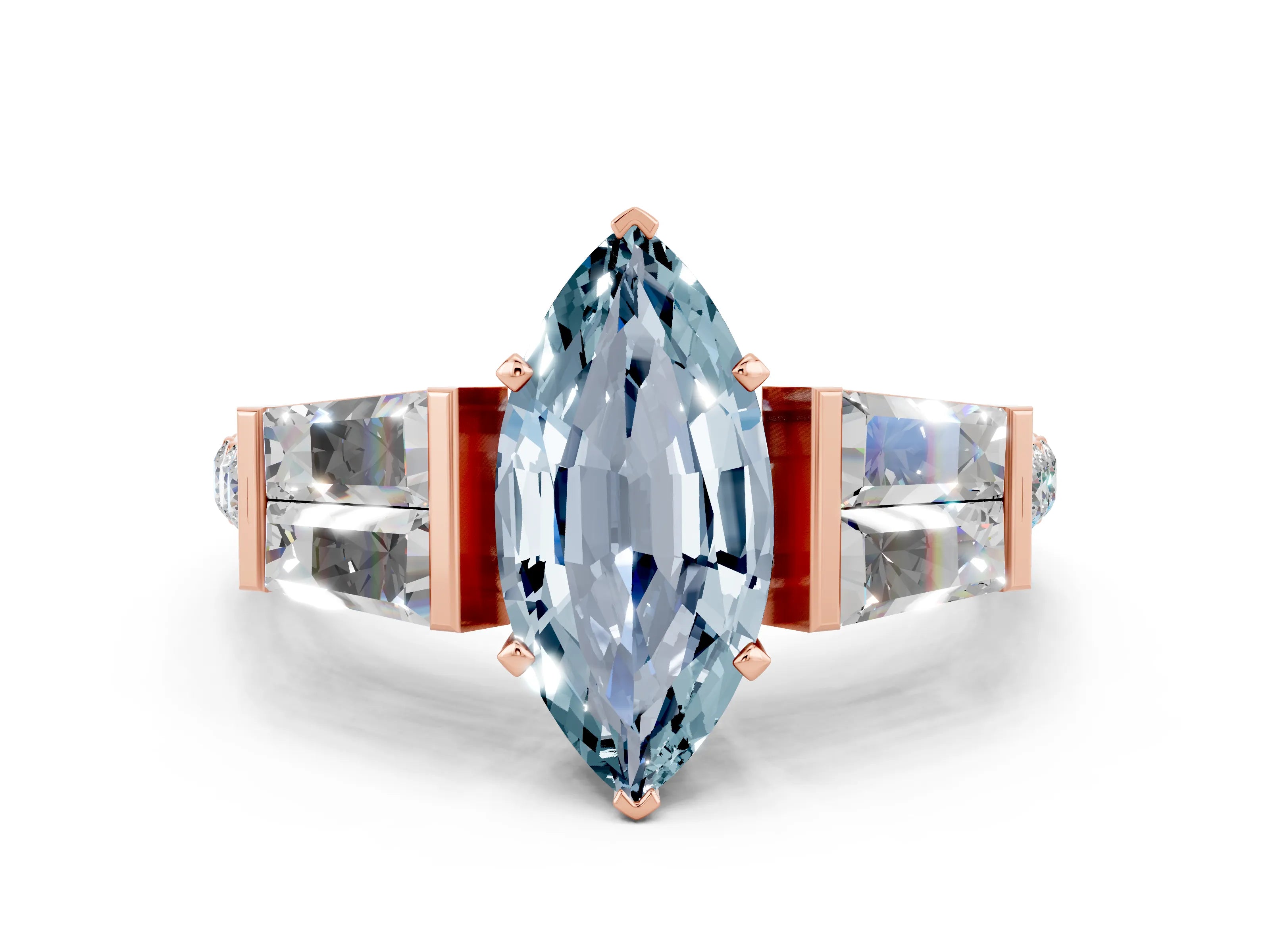 Rose gold Marquise Cut Aquamarine Engagement Ring with Baguette Side Stones and Channel Set Band