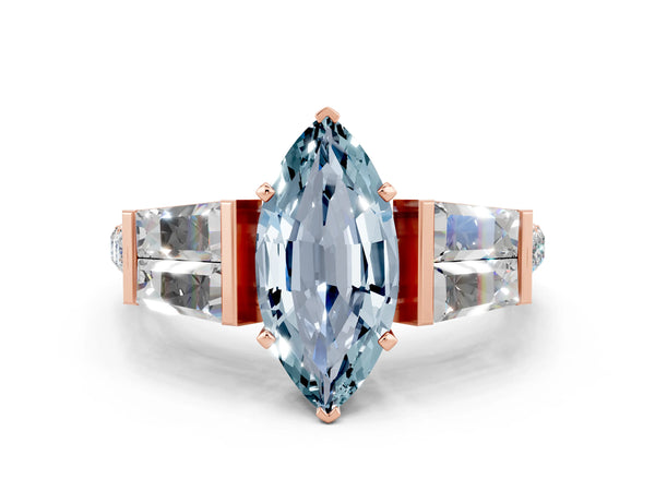 Rose gold Marquise Cut Aquamarine Engagement Ring with Baguette Side Stones and Channel Set Band