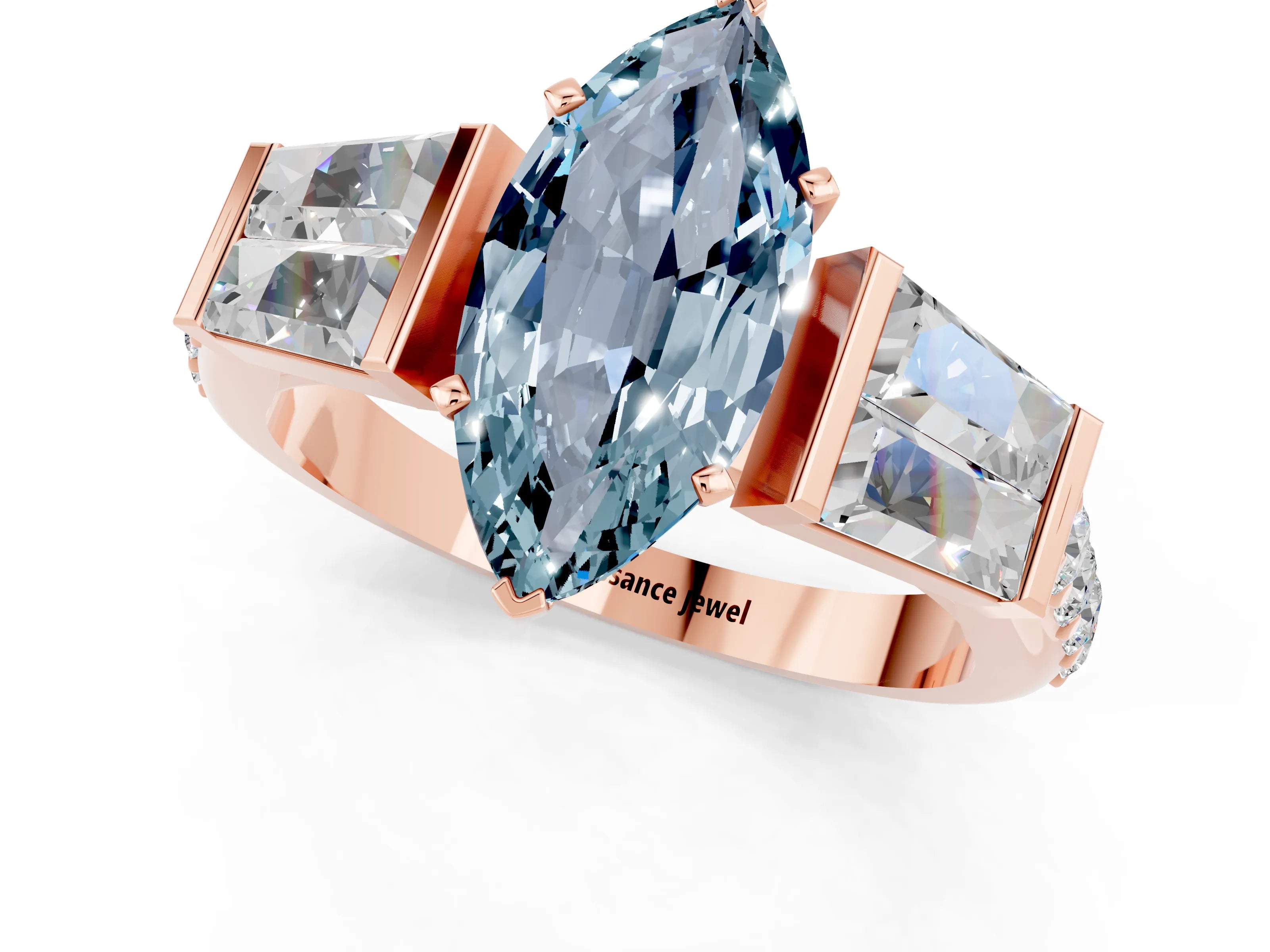 Rose gold Marquise Cut Aquamarine Engagement Ring with Baguette Side Stones and Channel Set Band_1
