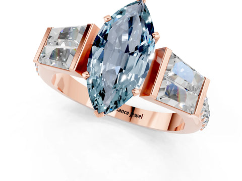 Rose gold Marquise Cut Aquamarine Engagement Ring with Baguette Side Stones and Channel Set Band_1