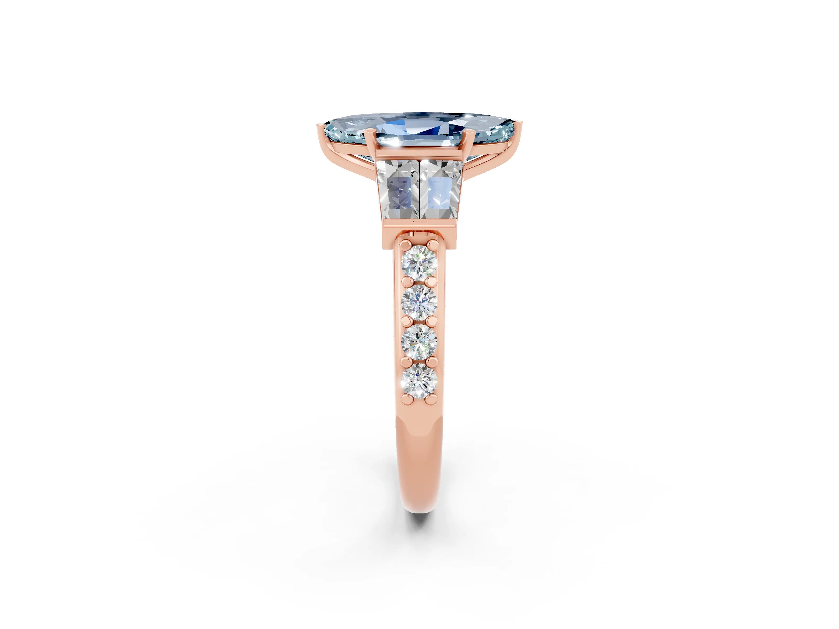 Rose gold Marquise Cut Aquamarine Engagement Ring with Baguette Side Stones and Channel Set Band_2