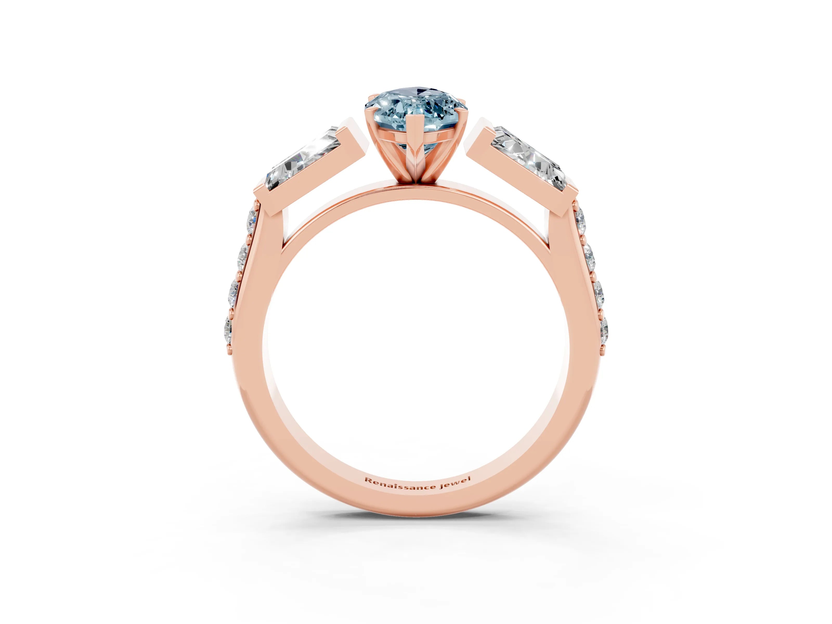 Rose gold Marquise Cut Aquamarine Engagement Ring with Baguette Side Stones and Channel Set Band_3