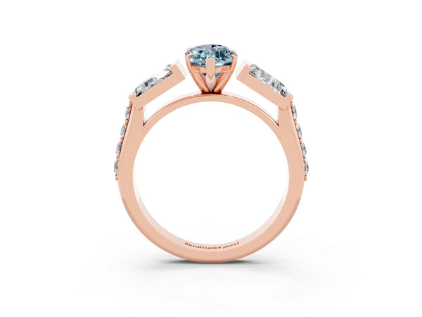 Rose gold Marquise Cut Aquamarine Engagement Ring with Baguette Side Stones and Channel Set Band