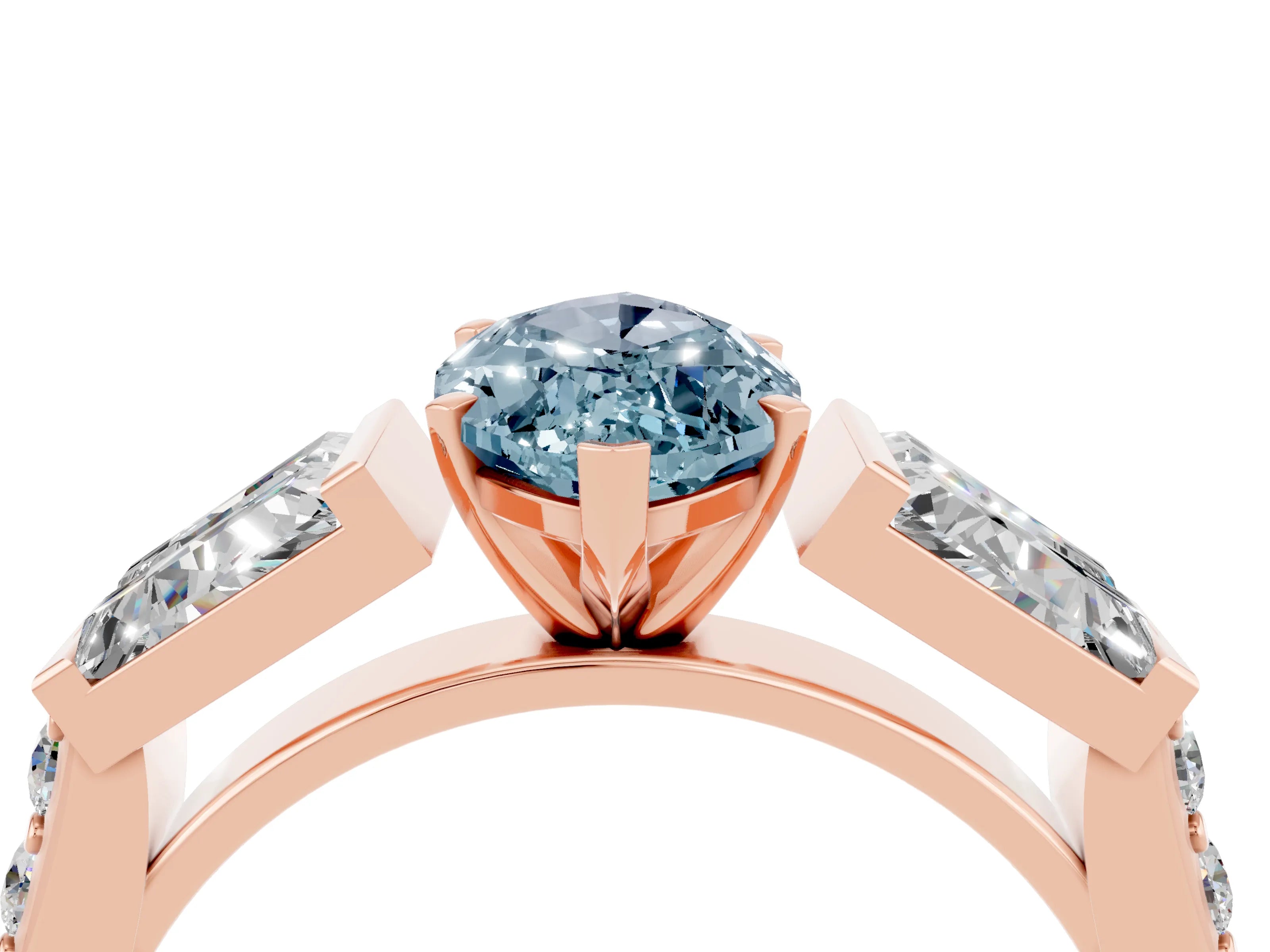 Rose gold Marquise Cut Aquamarine Engagement Ring with Baguette Side Stones and Channel Set Band_4
