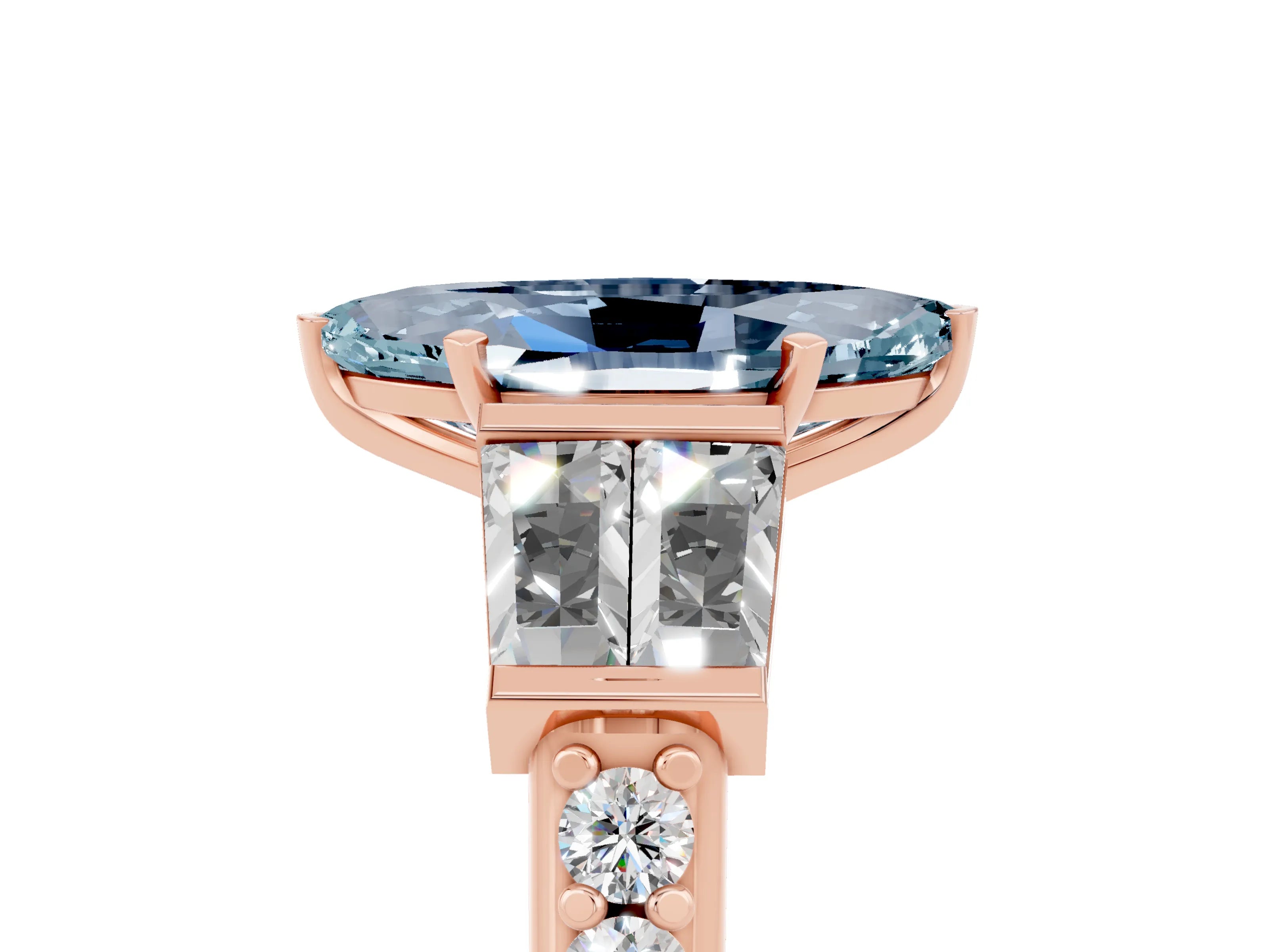 Rose gold Marquise Cut Aquamarine Engagement Ring with Baguette Side Stones and Channel Set Band_5