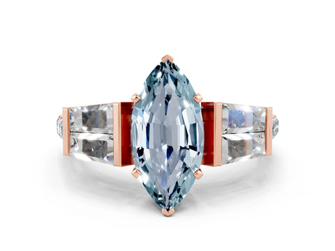 Rose gold Marquise Cut Aquamarine Engagement Ring with Baguette Side Stones and Channel Set Band