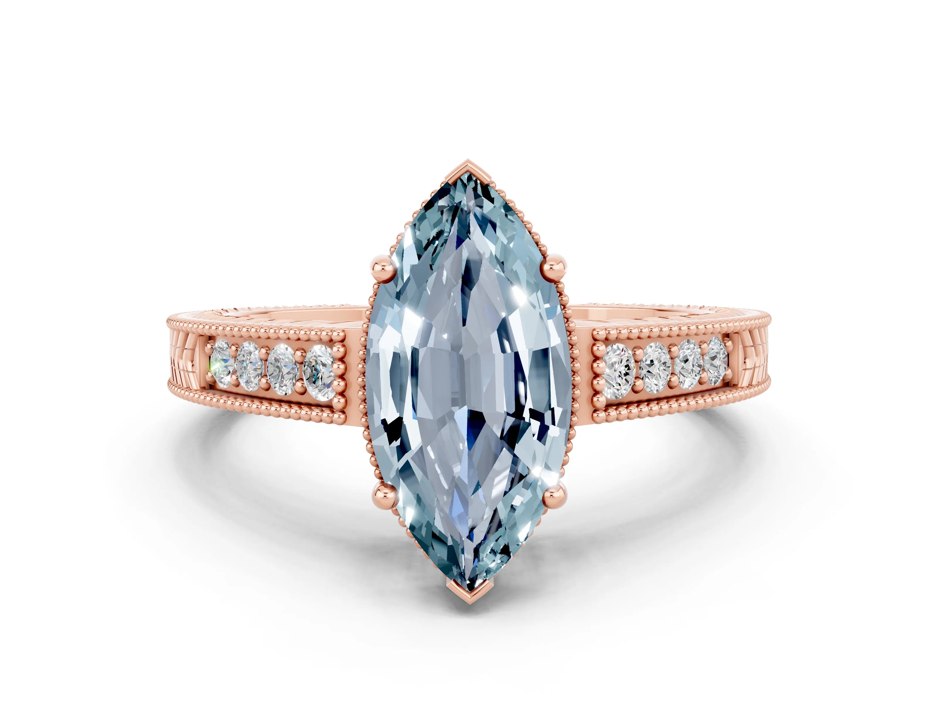 Rose gold Marquise Cut Aquamarine Engagement Ring with Milgrain Channel Set Band and Prong Setting