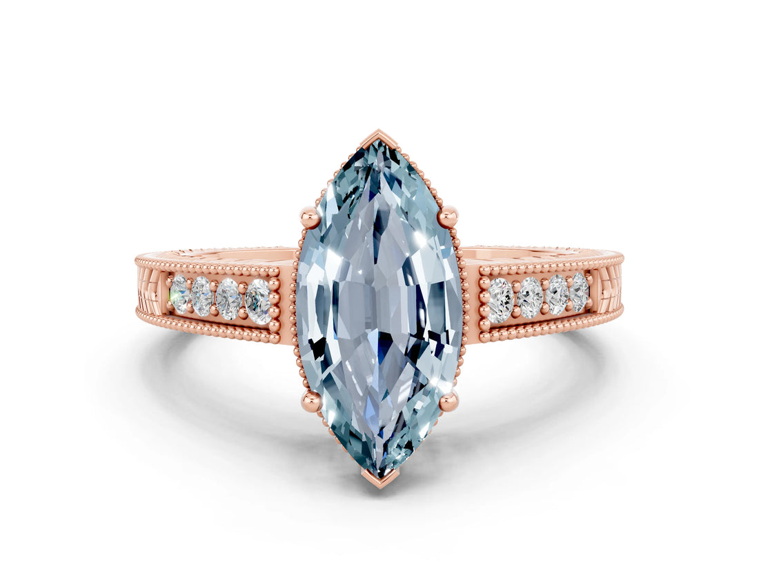 Rose gold Marquise Cut Aquamarine Engagement Ring with Milgrain Channel Set Band and Prong Setting