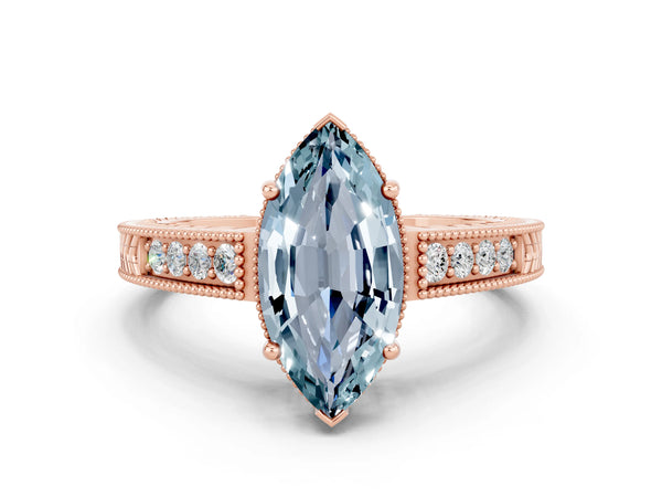Rose gold Marquise Cut Aquamarine Engagement Ring with Milgrain Channel Set Band and Prong Setting