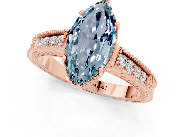 Rose gold Marquise Cut Aquamarine Engagement Ring with Milgrain Channel Set Band and Prong Setting