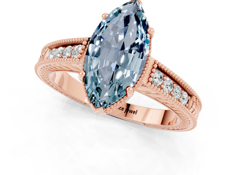 Rose gold Marquise Cut Aquamarine Engagement Ring with Milgrain Channel Set Band and Prong Setting_1