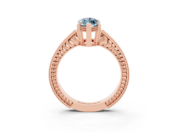 Rose gold Marquise Cut Aquamarine Engagement Ring with Milgrain Channel Set Band and Prong Setting
