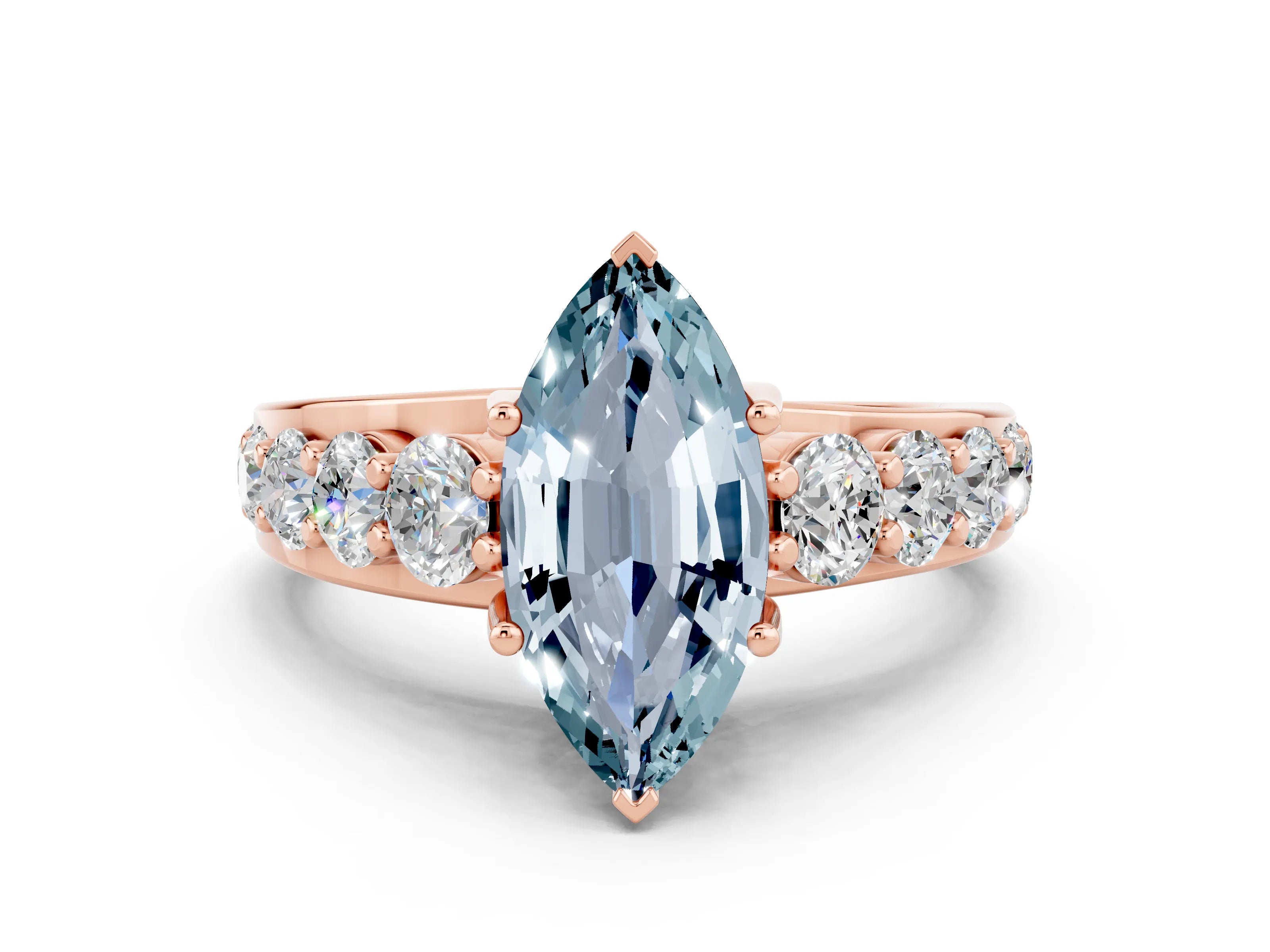 Rose gold Marquise Cut Aquamarine Engagement Ring with Pavé Band and Four-Prong Setting