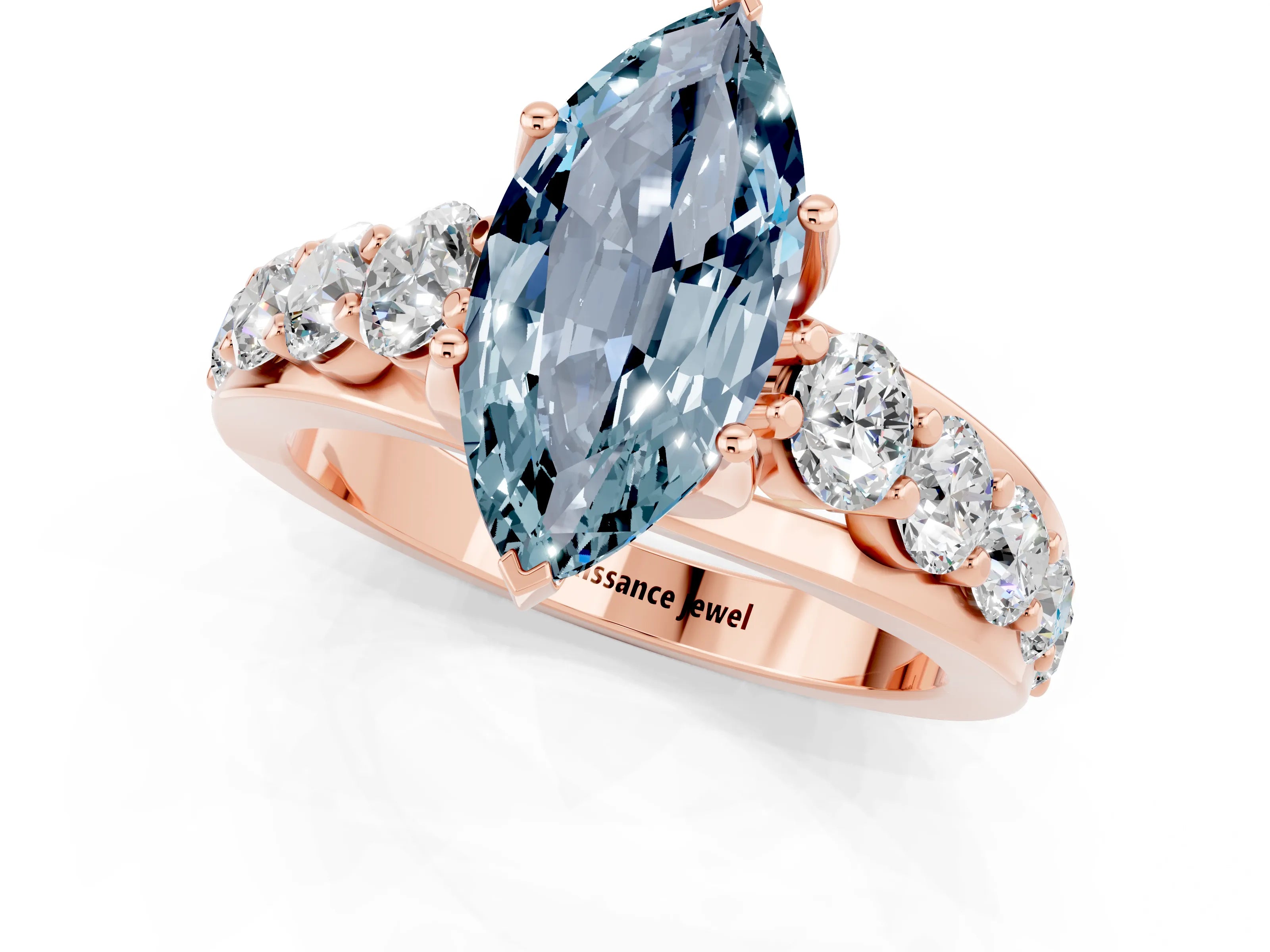 Rose gold Marquise Cut Aquamarine Engagement Ring with Pavé Band and Four-Prong Setting_1