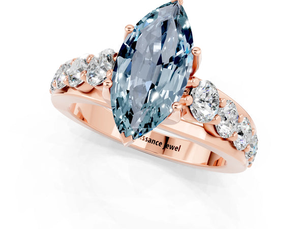Rose gold Marquise Cut Aquamarine Engagement Ring with Pavé Band and Four-Prong Setting