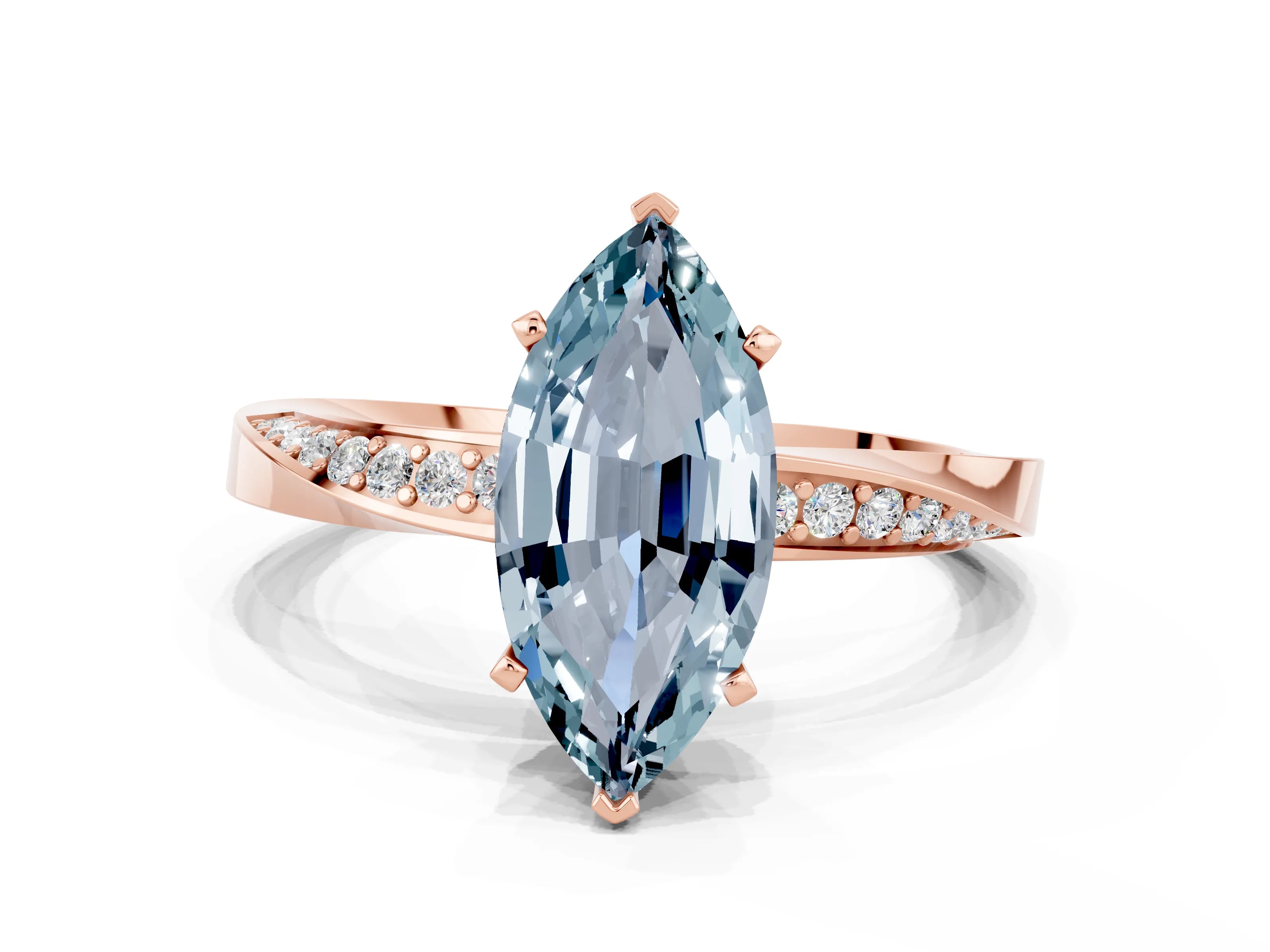 Rose gold Marquise Cut Aquamarine Engagement Ring with Side Stone Accents and Four-Prong Setting_27