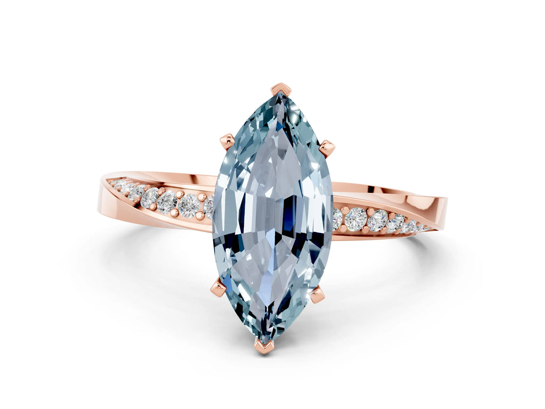 Rose gold Marquise Cut Aquamarine Engagement Ring with Side Stone Accents and Four-Prong Setting_60