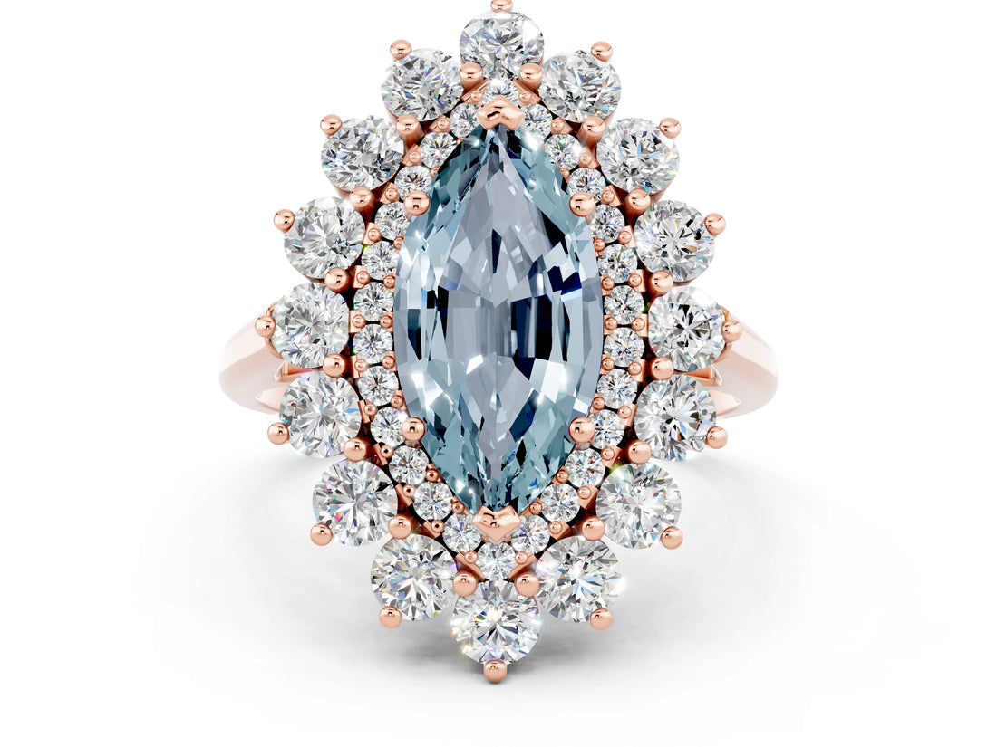 Rose gold Marquise Cut Aquamarine Floral Double Halo Engagement Ring with Prong Setting_62