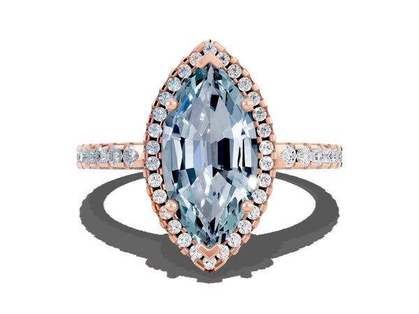 Rose gold Marquise Cut Aquamarine Halo Engagement Ring with Pavé Band and Prong Setting