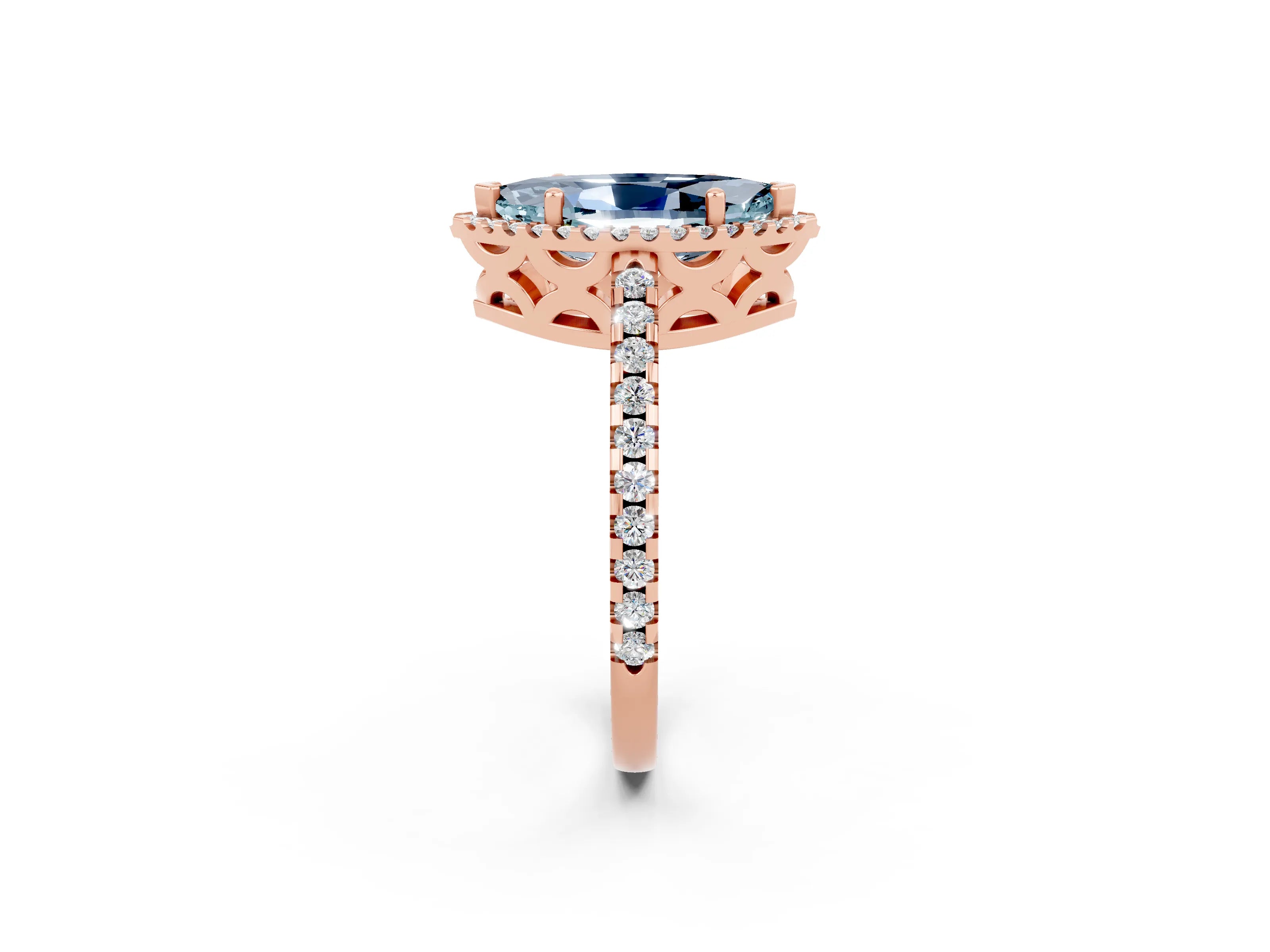 Rose gold Marquise Cut Aquamarine Halo Engagement Ring with Pavé Band and Prong Setting_14