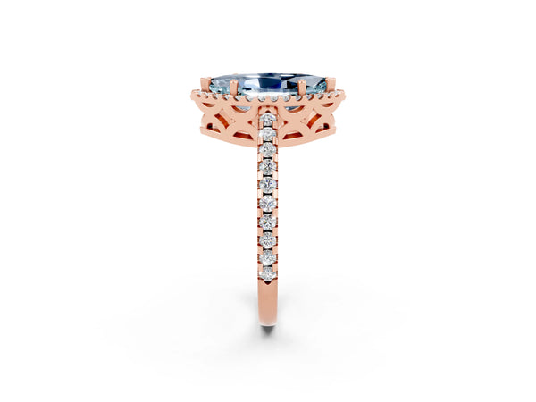 Rose gold Marquise Cut Aquamarine Halo Engagement Ring with Pavé Band and Prong Setting