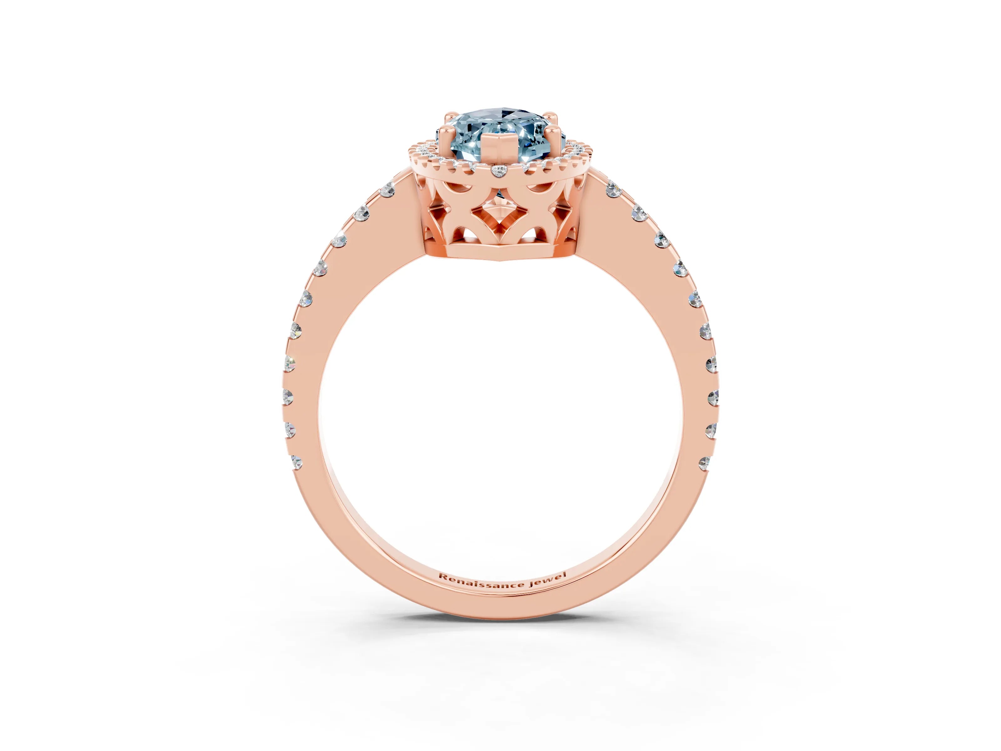 Rose gold Marquise Cut Aquamarine Halo Engagement Ring with Pavé Band and Prong Setting_15