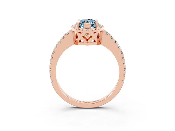 Rose gold Marquise Cut Aquamarine Halo Engagement Ring with Pavé Band and Prong Setting