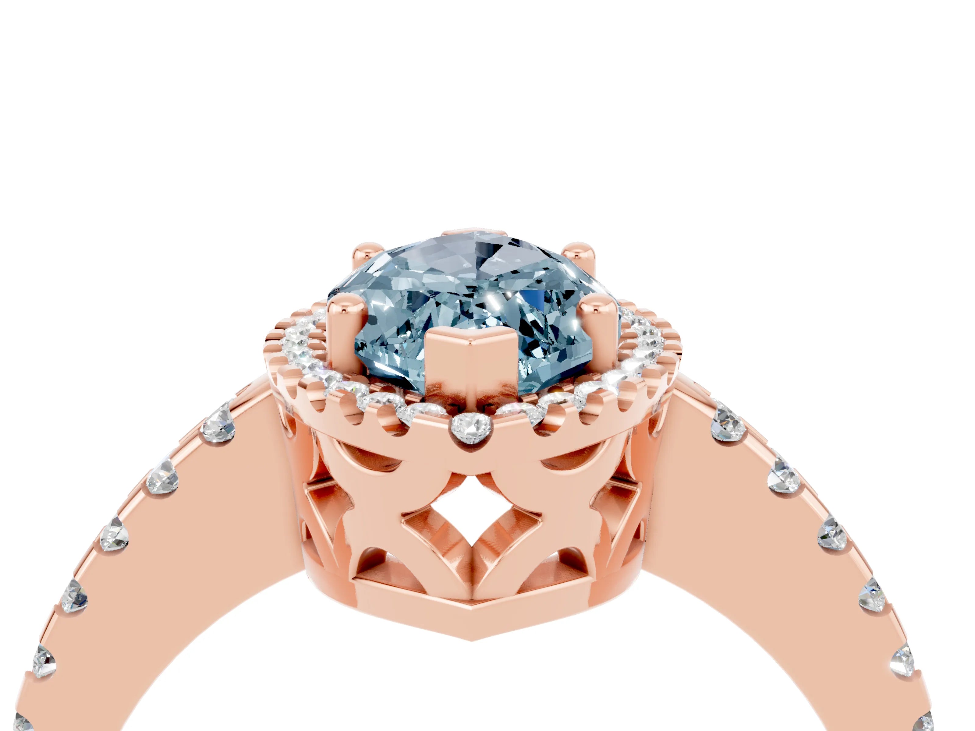 Rose gold Marquise Cut Aquamarine Halo Engagement Ring with Pavé Band and Prong Setting_16