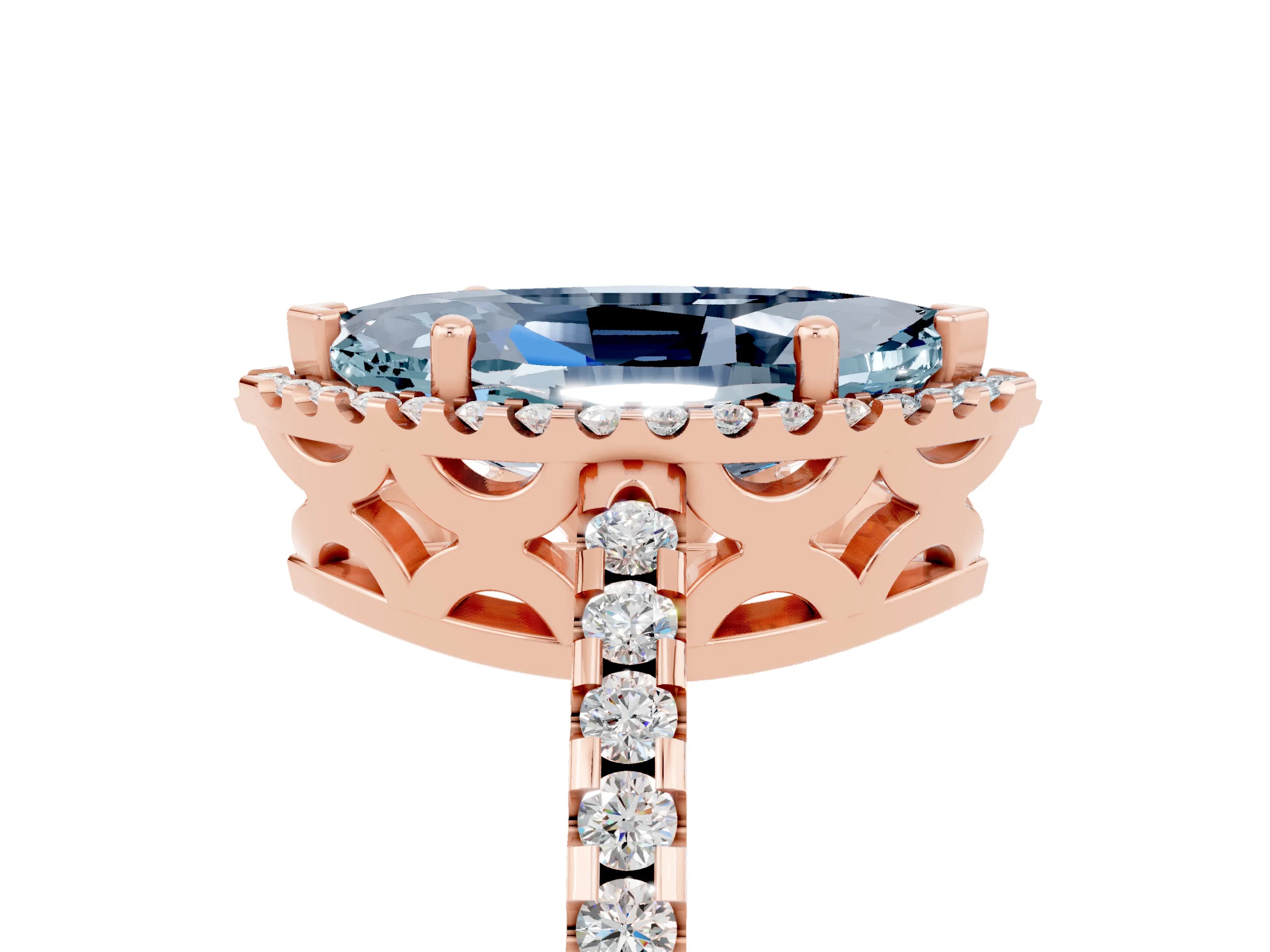 Rose gold Marquise Cut Aquamarine Halo Engagement Ring with Pavé Band and Prong Setting_17
