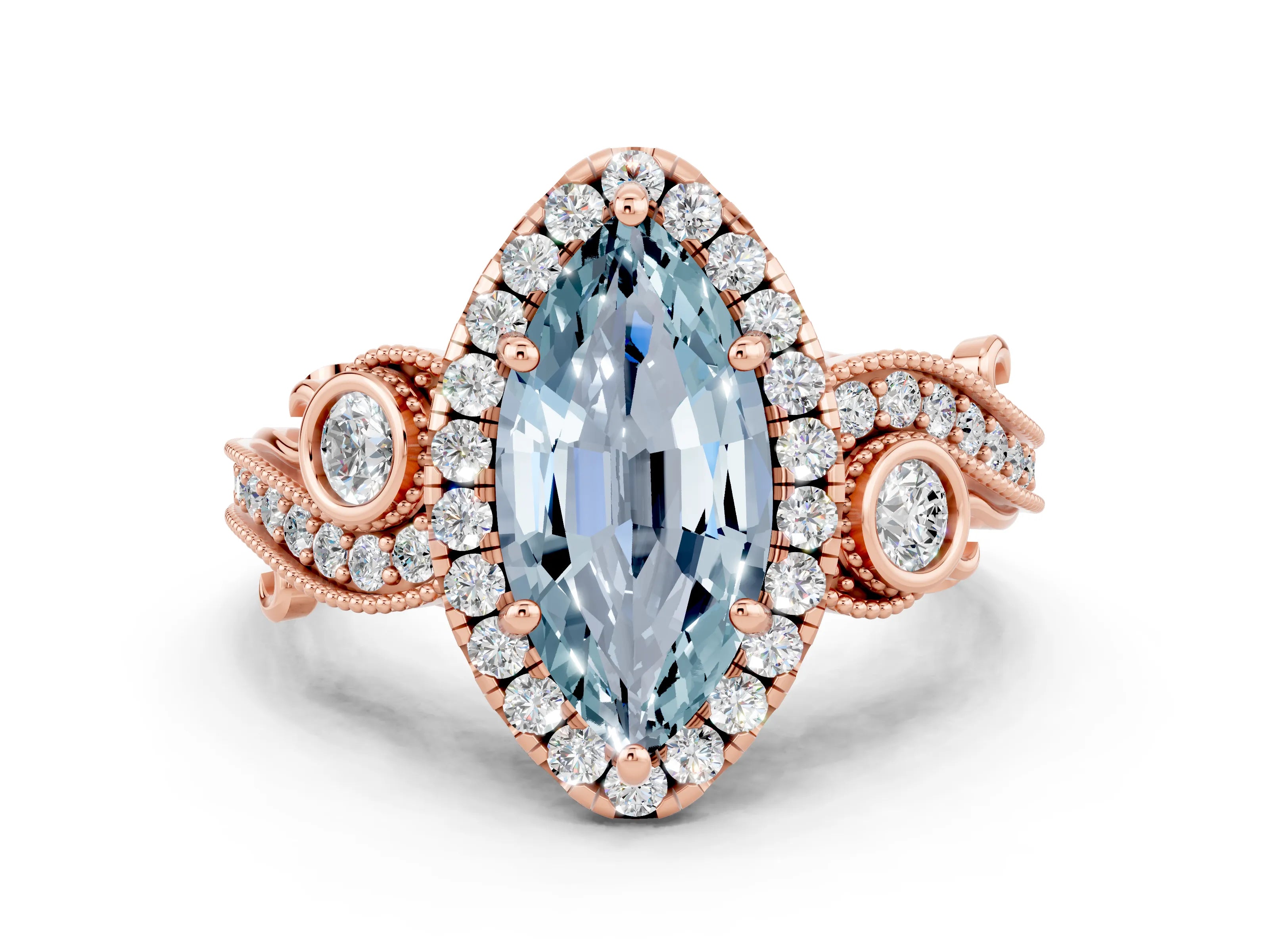 Rose gold Marquise Cut Aquamarine Halo Ring with Milgrain Pavé Band and Four-Prong Setting_12