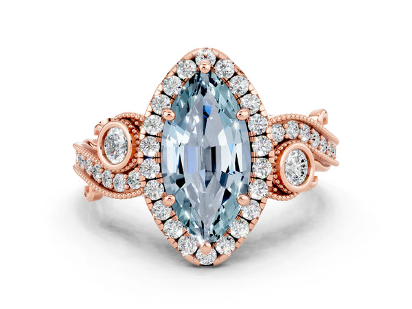 Rose gold Marquise Cut Aquamarine Halo Ring with Milgrain Pavé Band and Four-Prong Setting