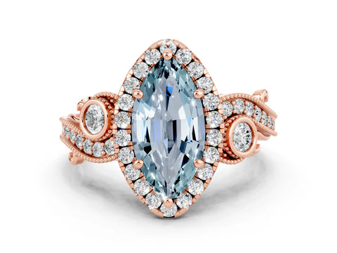 Rose gold Marquise Cut Aquamarine Halo Ring with Milgrain Pavé Band and Four-Prong Setting_12