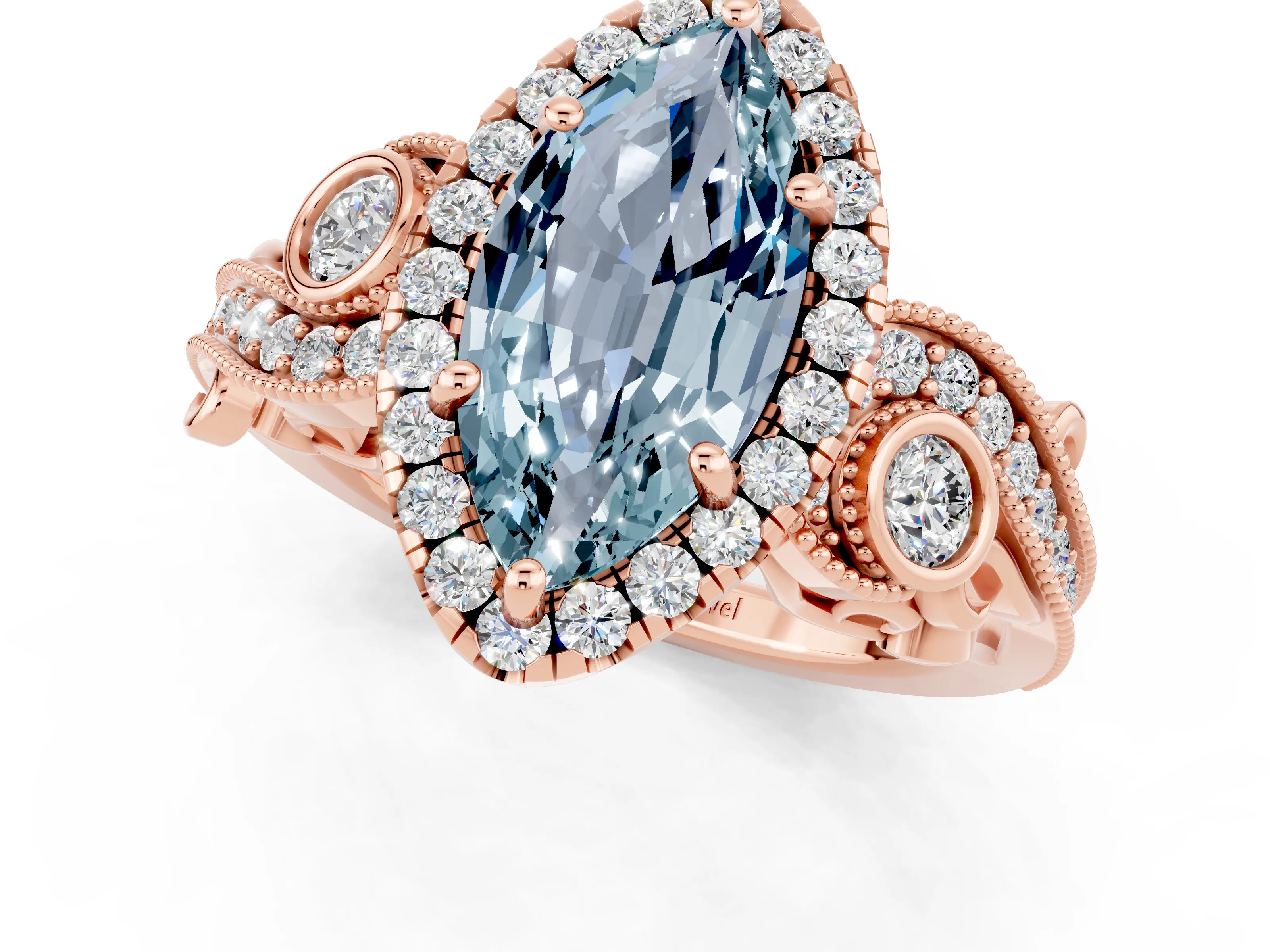 Rose gold Marquise Cut Aquamarine Halo Ring with Milgrain Pavé Band and Four-Prong Setting_13