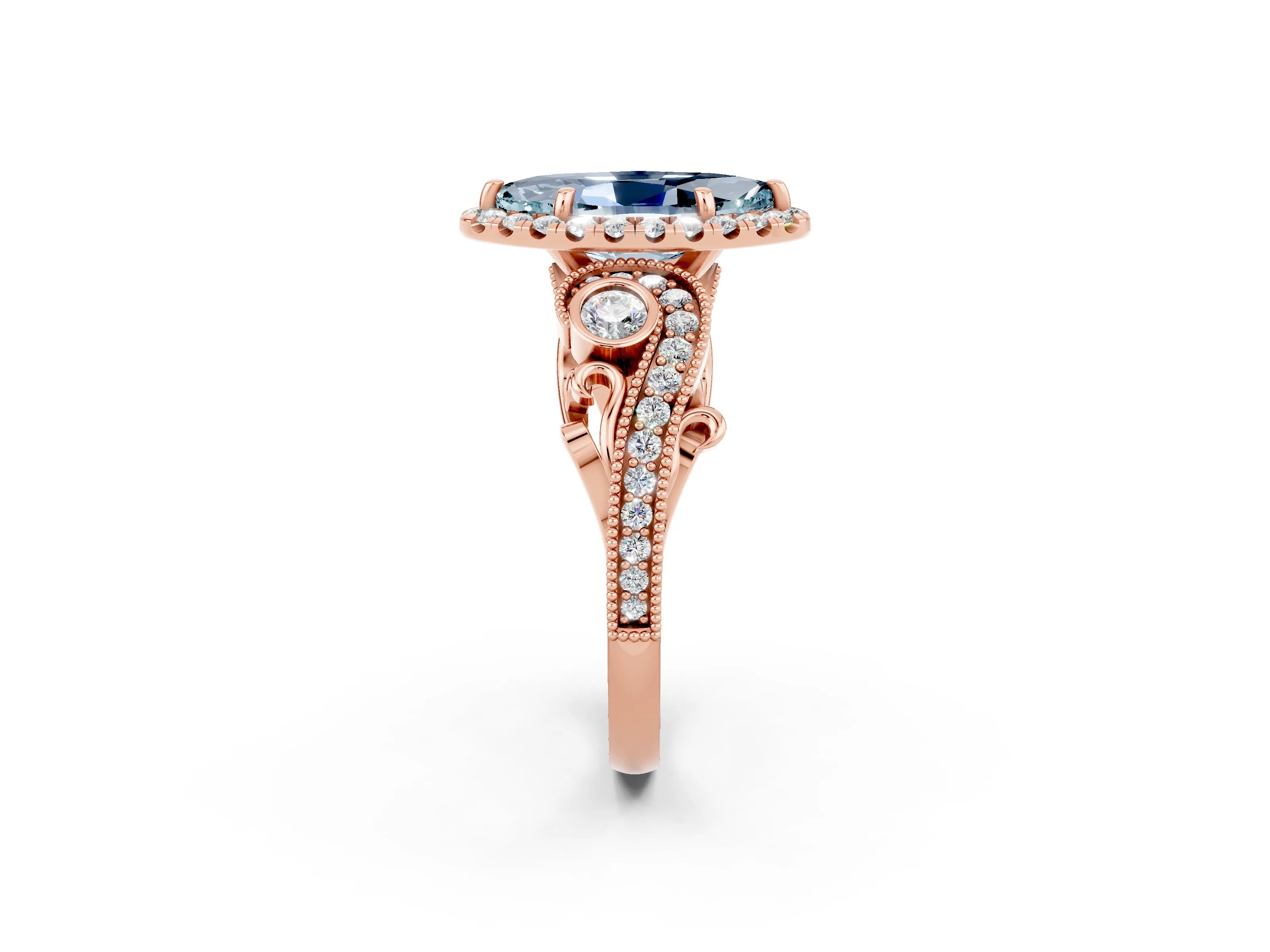Rose gold Marquise Cut Aquamarine Halo Ring with Milgrain Pavé Band and Four-Prong Setting_14