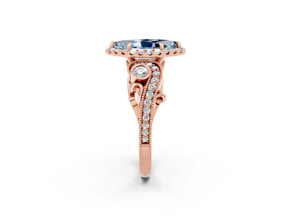 Rose gold Marquise Cut Aquamarine Halo Ring with Milgrain Pavé Band and Four-Prong Setting