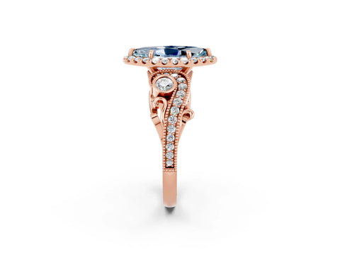 Rose gold Marquise Cut Aquamarine Halo Ring with Milgrain Pavé Band and Four-Prong Setting_14