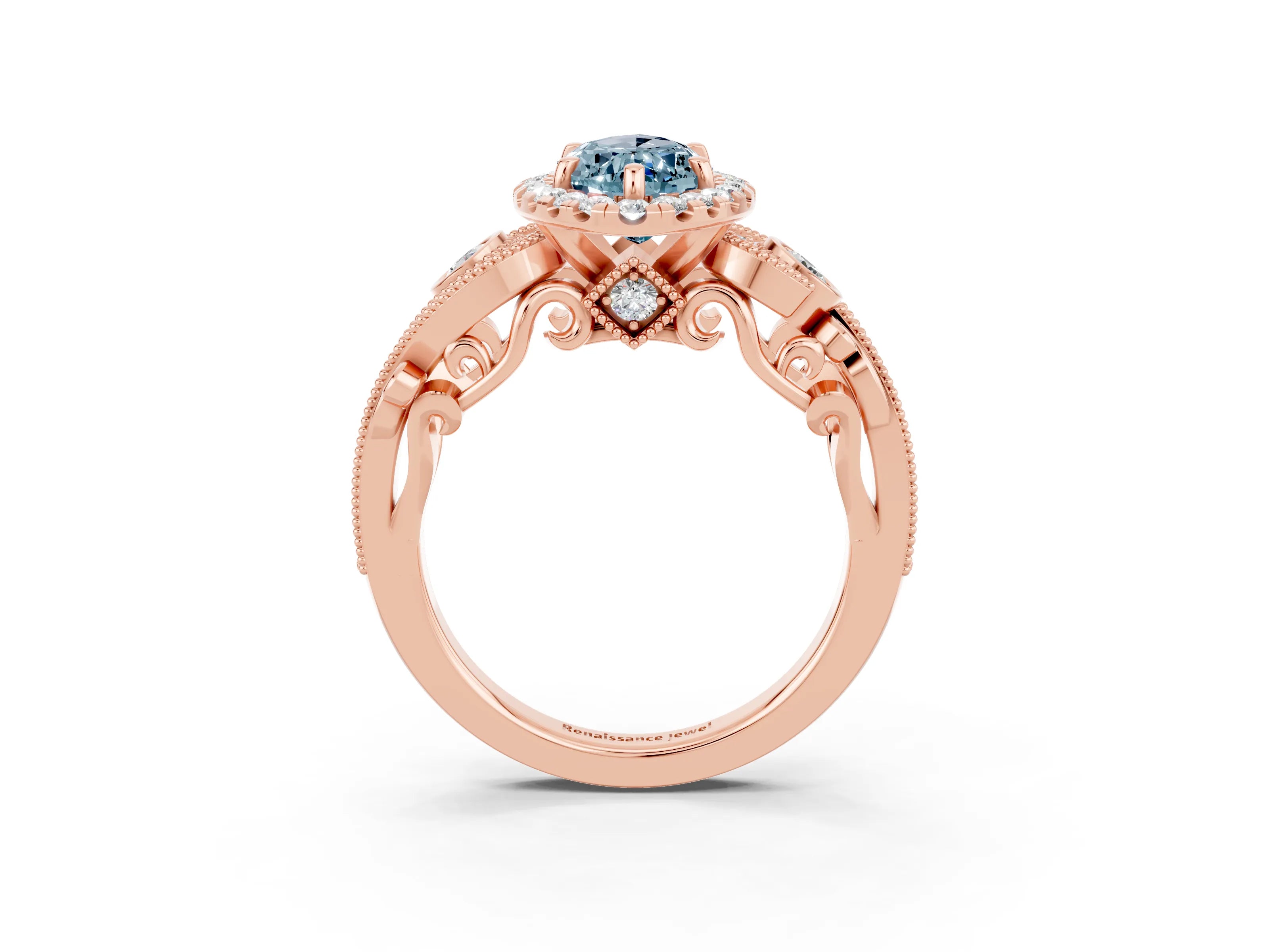 Rose gold Marquise Cut Aquamarine Halo Ring with Milgrain Pavé Band and Four-Prong Setting_15