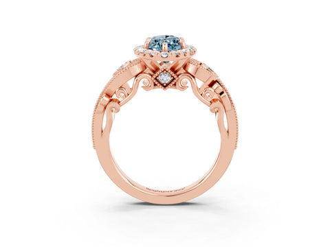 Rose gold Marquise Cut Aquamarine Halo Ring with Milgrain Pavé Band and Four-Prong Setting_15