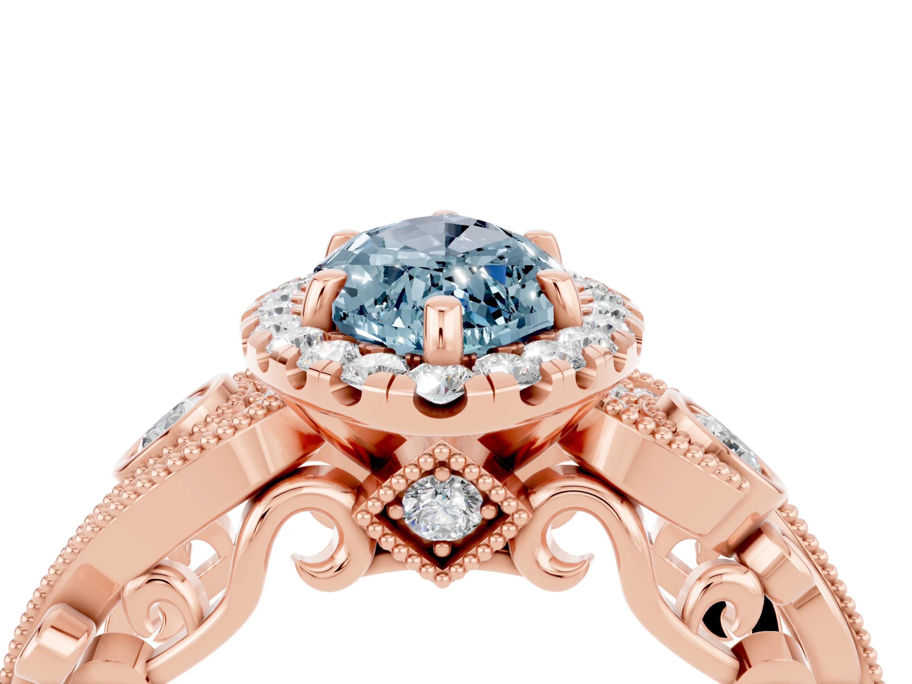 Rose gold Marquise Cut Aquamarine Halo Ring with Milgrain Pavé Band and Four-Prong Setting_16