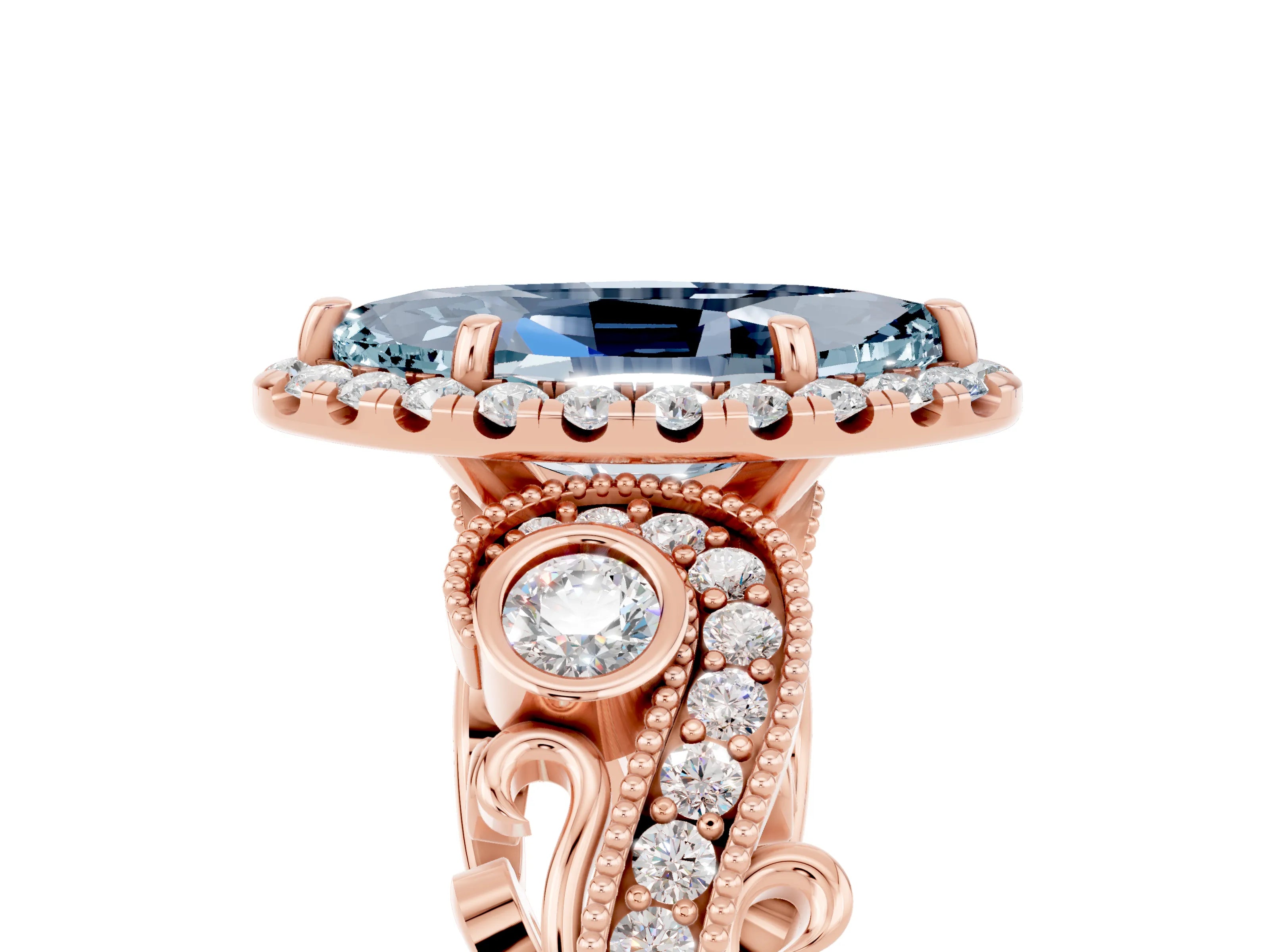 Rose gold Marquise Cut Aquamarine Halo Ring with Milgrain Pavé Band and Four-Prong Setting_17