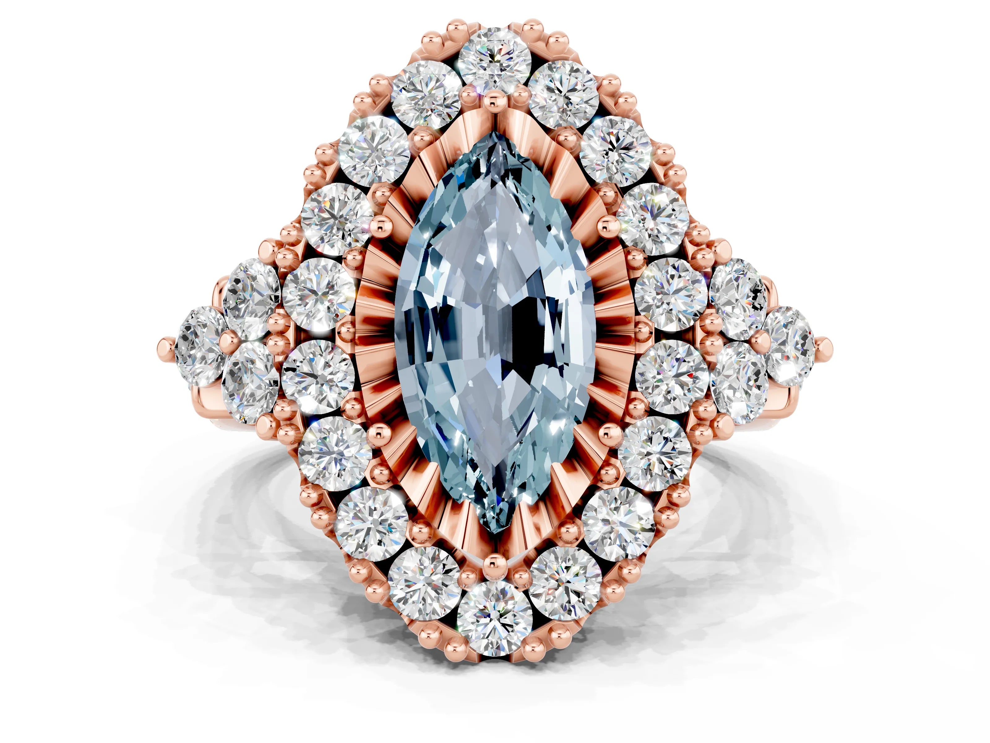 Rose gold Marquise Cut Aquamarine Halo Ring with Pavé Band and Four-Prong Setting_12