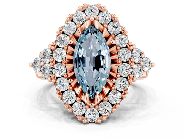 Rose gold Marquise Cut Aquamarine Halo Ring with Pavé Band and Four-Prong Setting