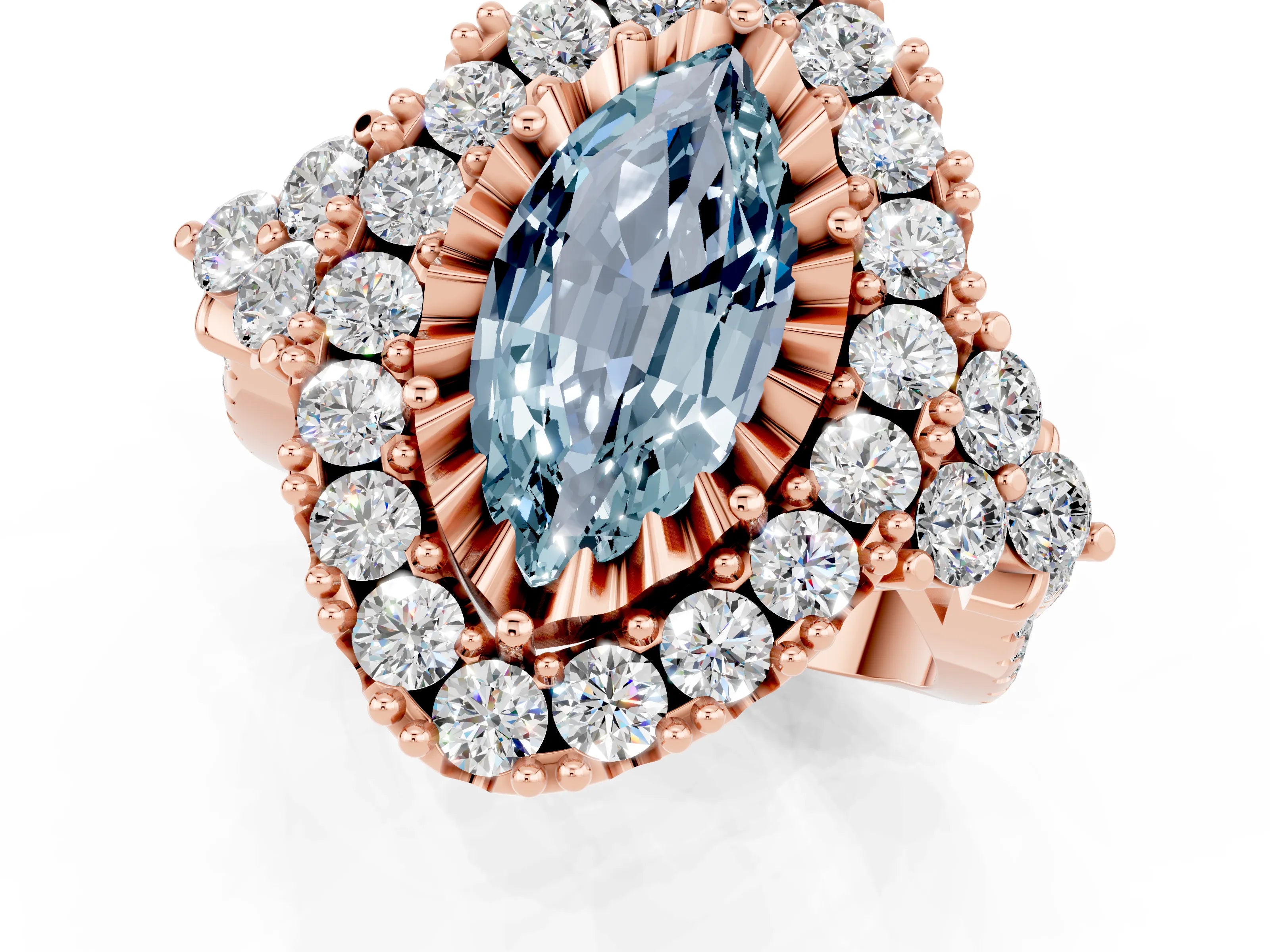 Rose gold Marquise Cut Aquamarine Halo Ring with Pavé Band and Four-Prong Setting_13